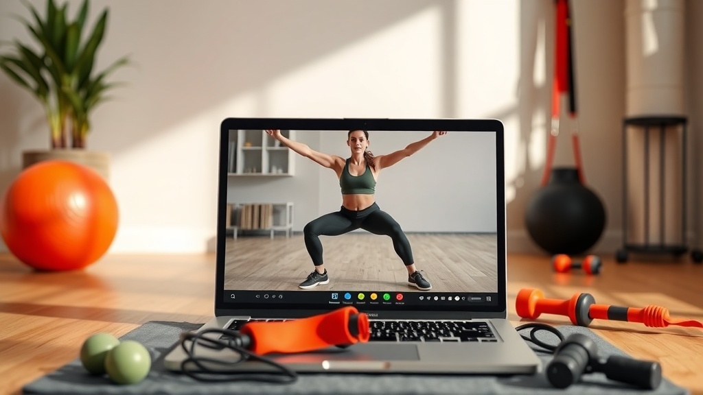 A laptop displaying a fitness coach during a workout session, surrounded by fitness equipment.