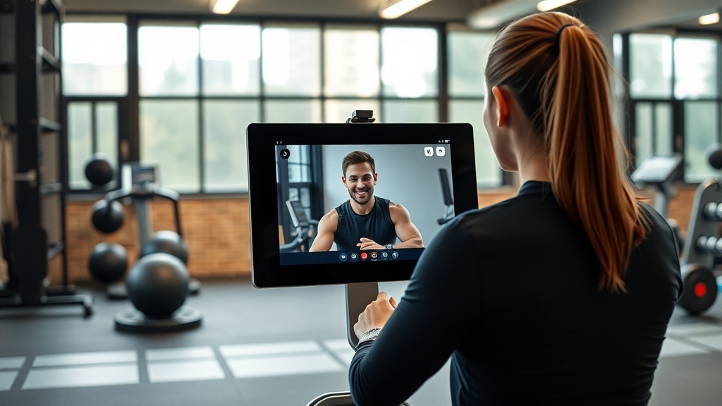 A person participating in an online fitness coaching session, interacting with a trainer on a screen in a gym setting.