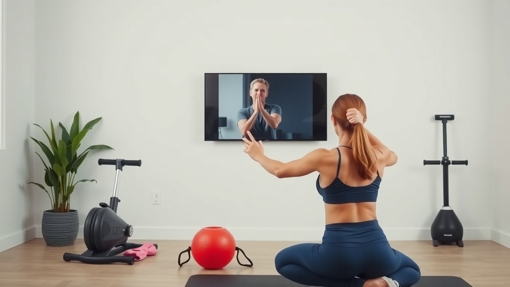 A person doing yoga at home while following an online fitness coach on a screen.