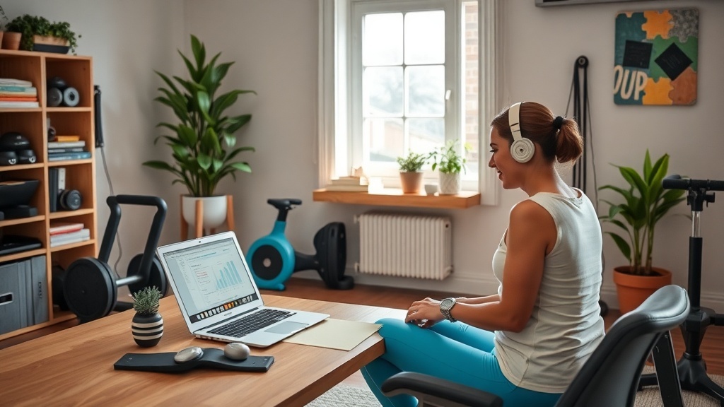 A fitness coach working from home, surrounded by fitness equipment and a laptop.