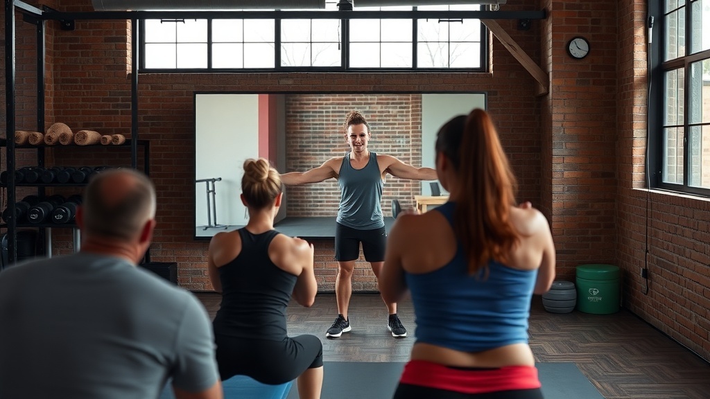 A fitness coach leading a workout session with clients in a gym setting.