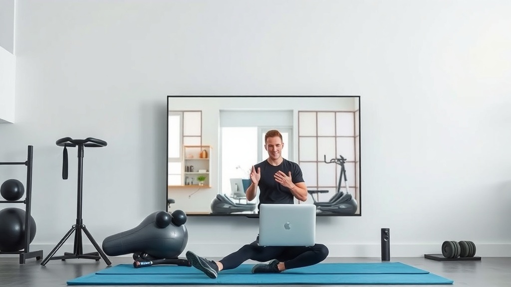 A fitness coach conducting an online session with a laptop in a well-equipped home gym.