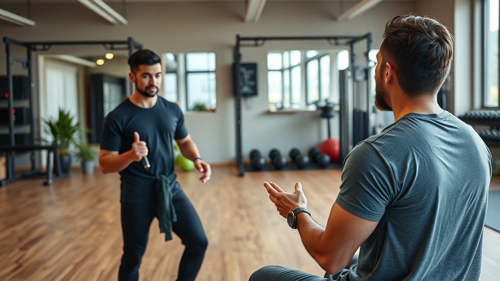 A fitness coach demonstrating exercises to a client in a gym setting.