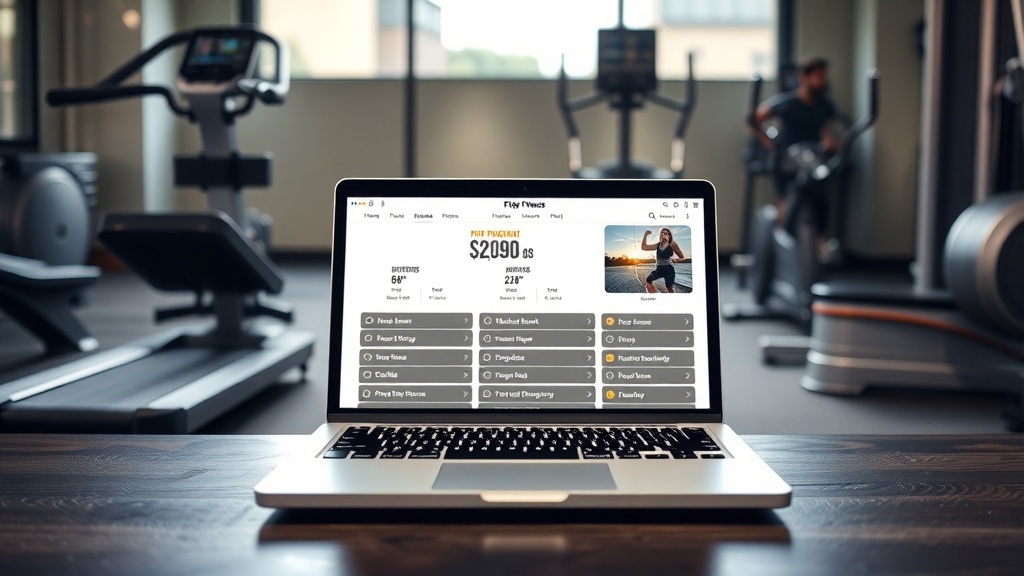 A laptop showing an online fitness program interface with workout options and pricing.