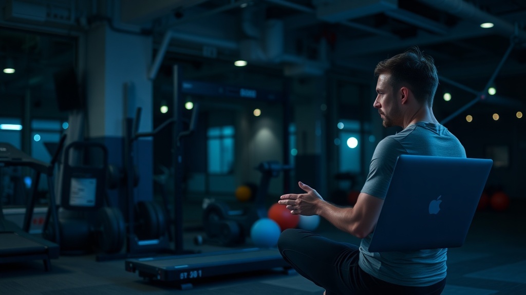 A fitness trainer preparing for an online session in a gym setting