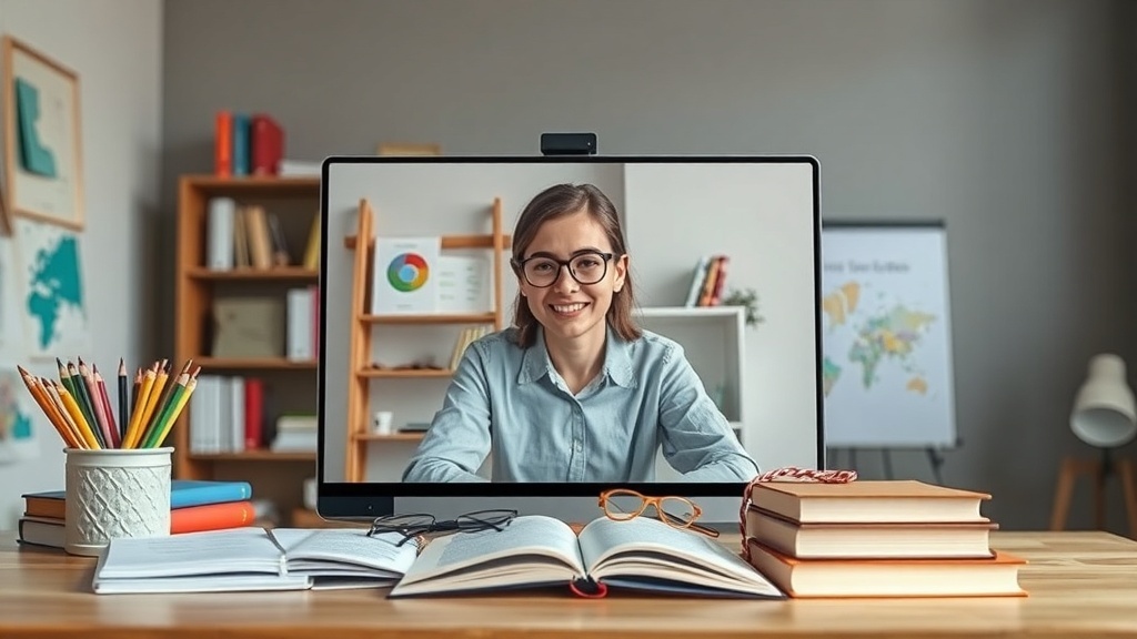 A smiling language instructor teaching online, with books and stationery on a desk.