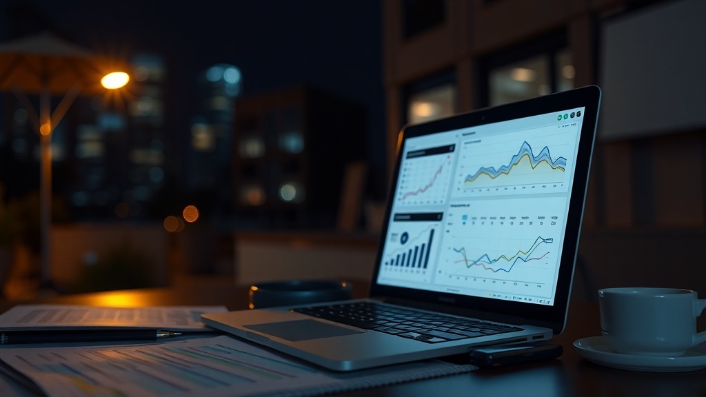 A laptop displaying market research data with graphs and charts at night.