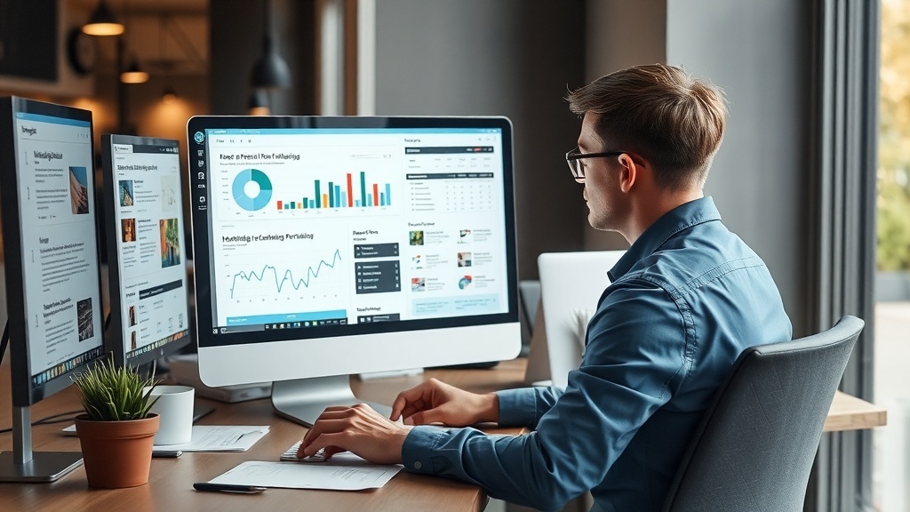 A person working as an online marketing consultant, analyzing data on multiple computer screens.