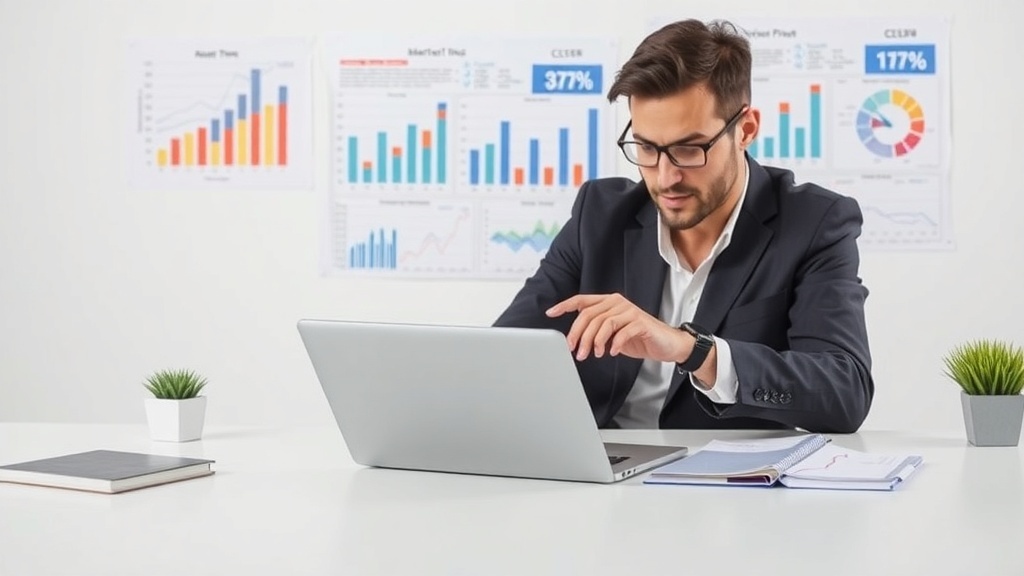 A professional man analyzing data on a laptop in an office setting.