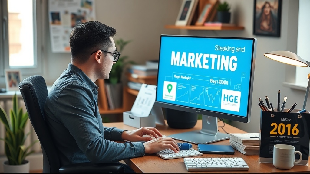 A person working from home as an Online Marketing Specialist, focused on a computer screen displaying marketing data.