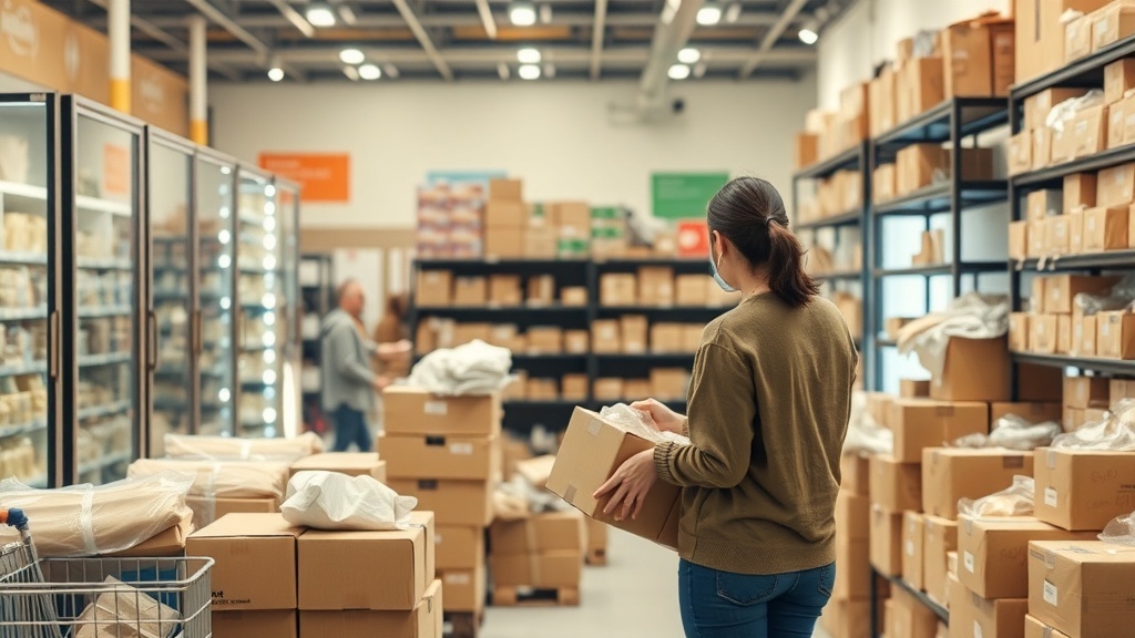 A person in a store with shelves filled with boxes, preparing to sell items online.