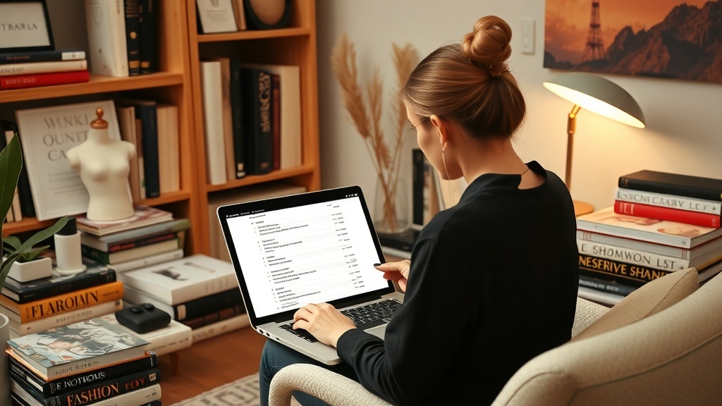 A person working on a laptop in a cozy home office, surrounded by books and decor.