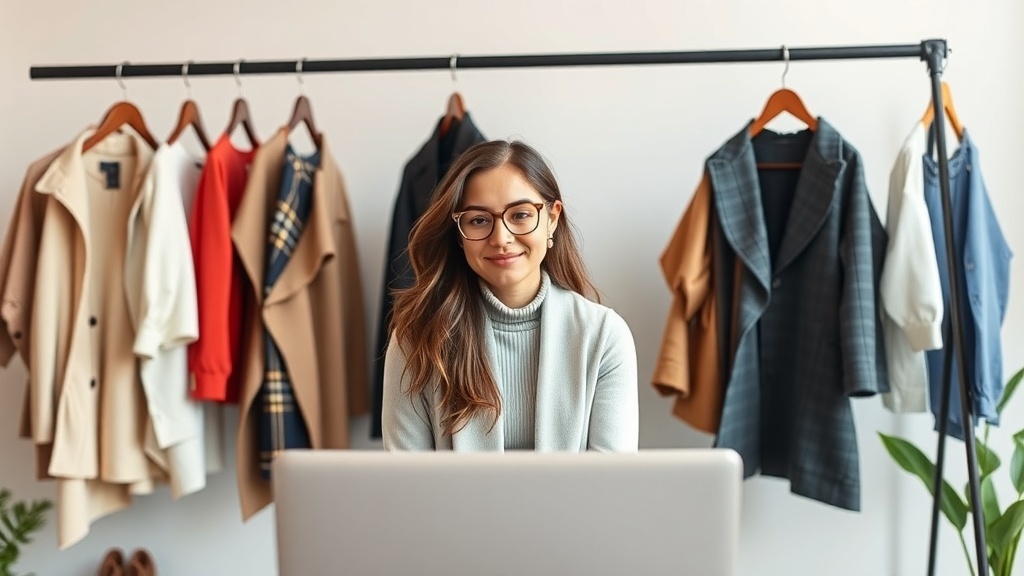 A personal stylist sitting in front of a laptop with a clothing rack in the background.