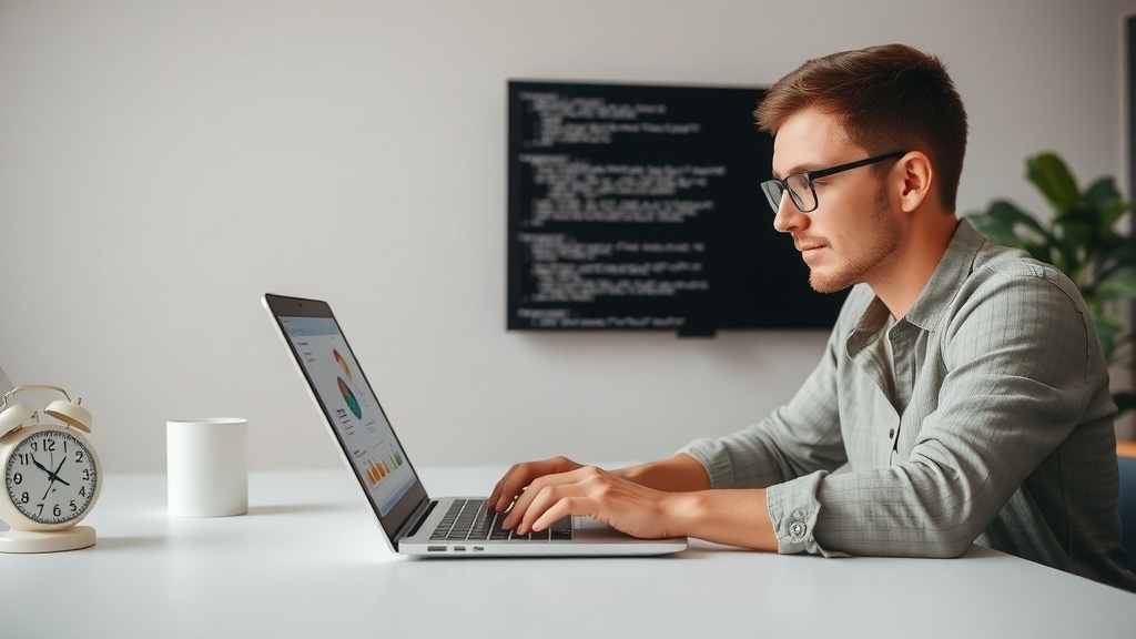 A person working on a laptop, focused on online research, with a clock and a cup nearby.