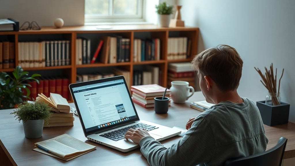 A person working on a laptop in a cozy workspace filled with books and plants.