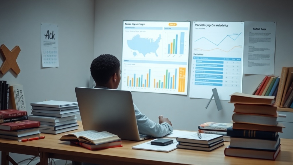 A person sitting at a desk with a laptop, focused on research data displayed on a screen, surrounded by books and papers.