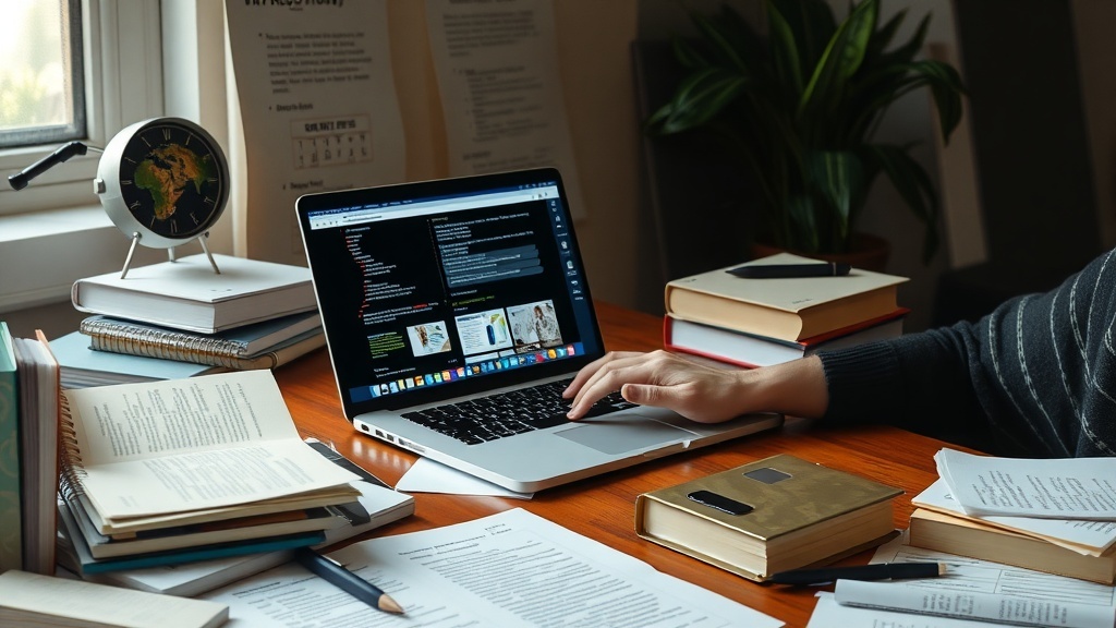 A workspace with a laptop, books, and research materials, ideal for an online researcher.
