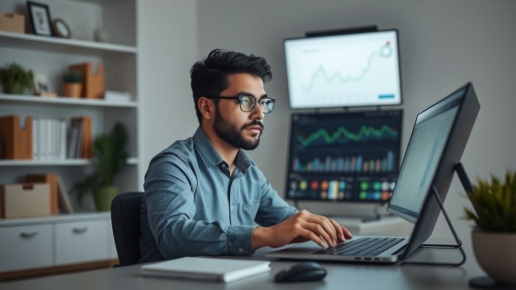 A focused individual working at a computer with sales data charts on the screen.