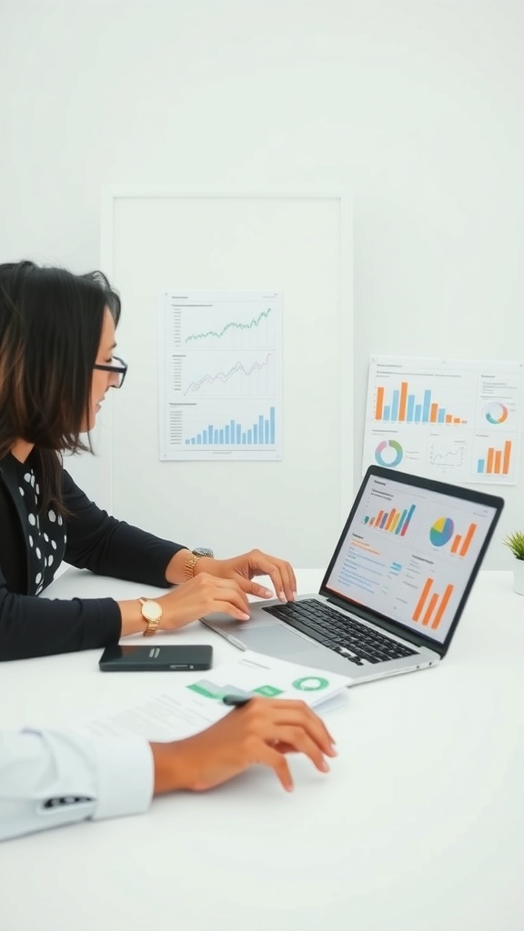 A person working on a laptop with sales and marketing graphs displayed on the screen.