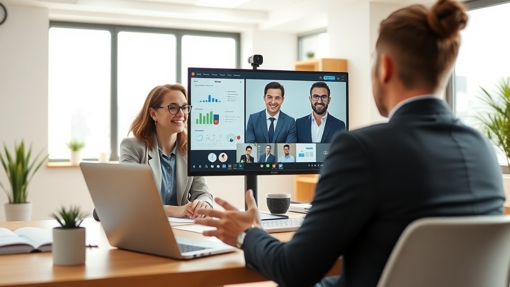 A professional video call between a sales consultant and clients, showcasing sales data on a screen.