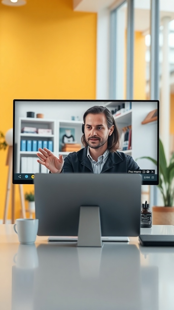 A person in a video call discussing sales with a friendly demeanor.
