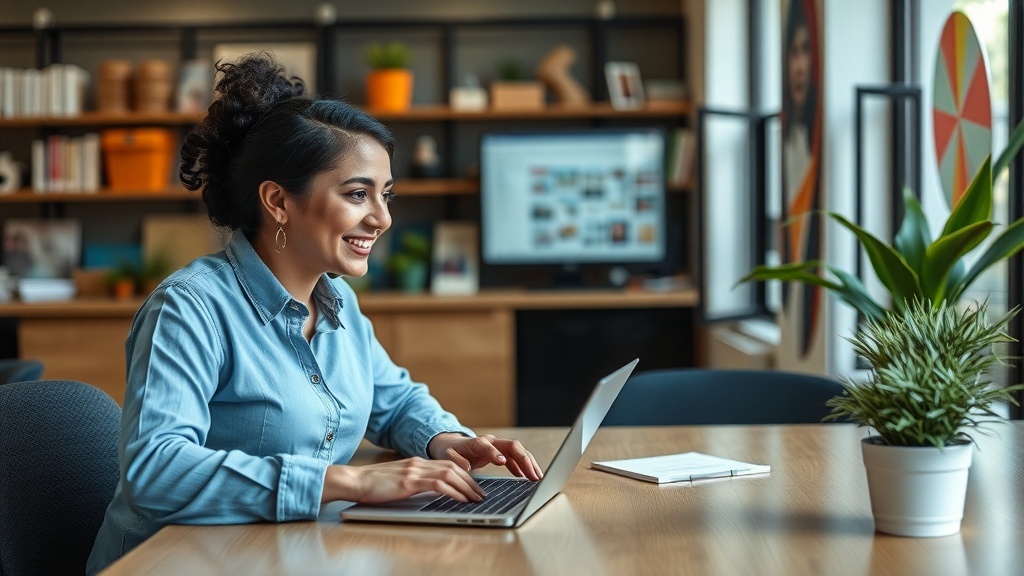 A woman smiling while working on her laptop in a cozy home office setting.