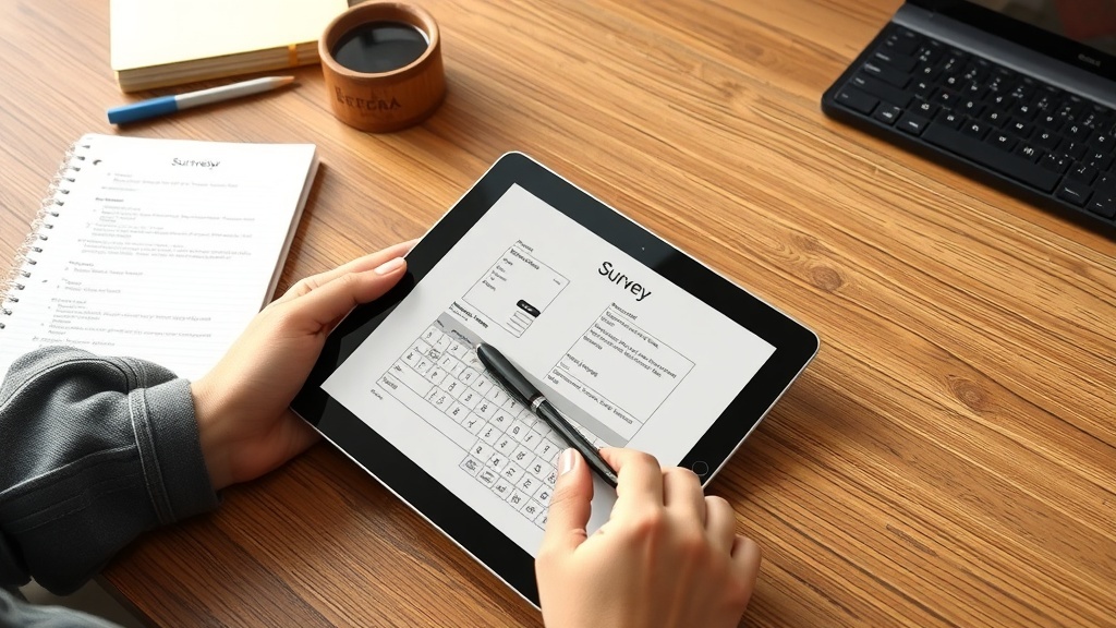 Person filling out a survey on a tablet with a notebook and coffee nearby