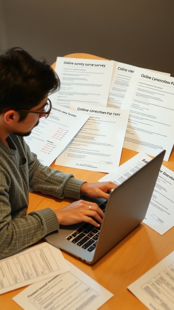 A person working on a laptop surrounded by printed online survey forms.