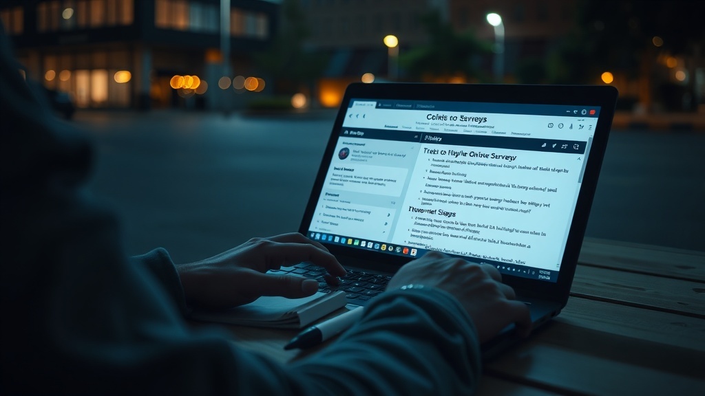 A person participating in online surveys on a laptop at night.