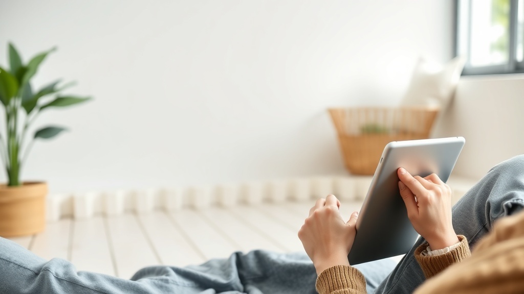 A person relaxing at home, using a tablet to participate in online surveys.