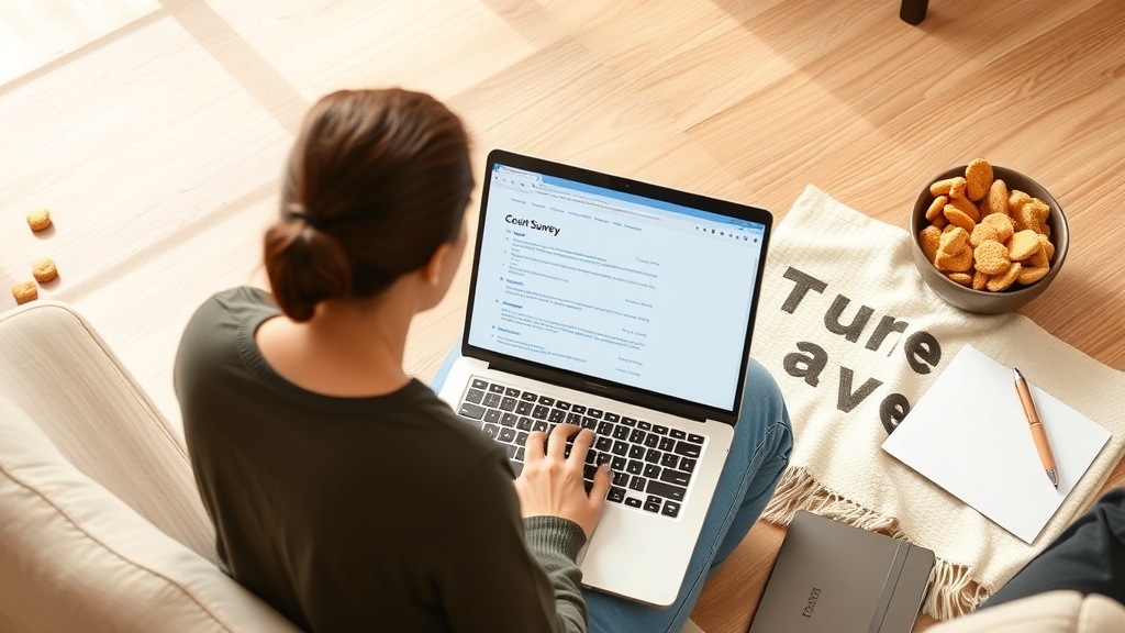 A person sitting on a couch using a laptop to participate in an online survey, with a bowl of snacks nearby.