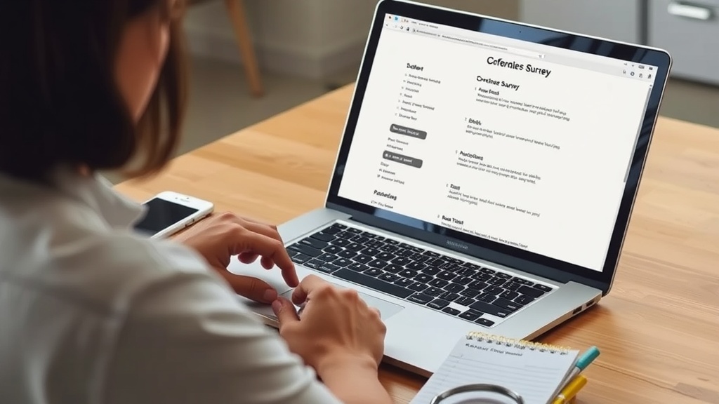 A person filling out an online survey on a laptop with a notepad and phone nearby.