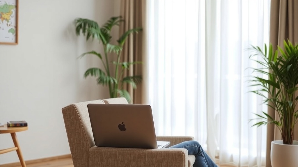 A cozy workspace with a laptop on a chair, surrounded by plants and natural light.
