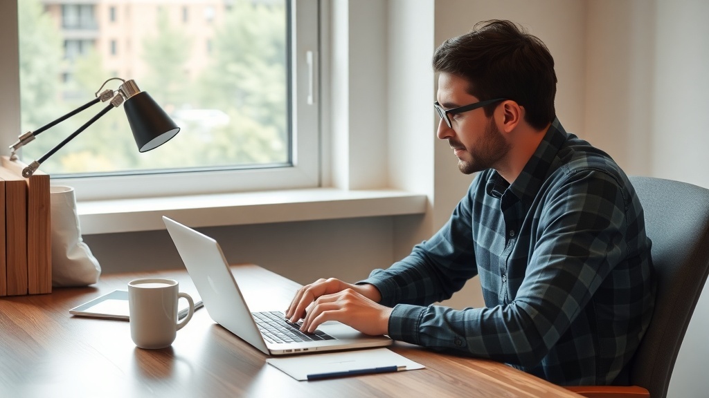 A person sitting at a desk with a laptop, focused on online work, with a cup of coffee beside them.