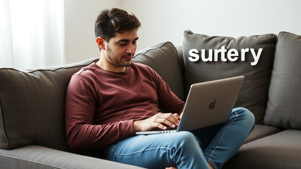 A young man sitting on a couch, focused on his laptop, engaged in online survey participation.