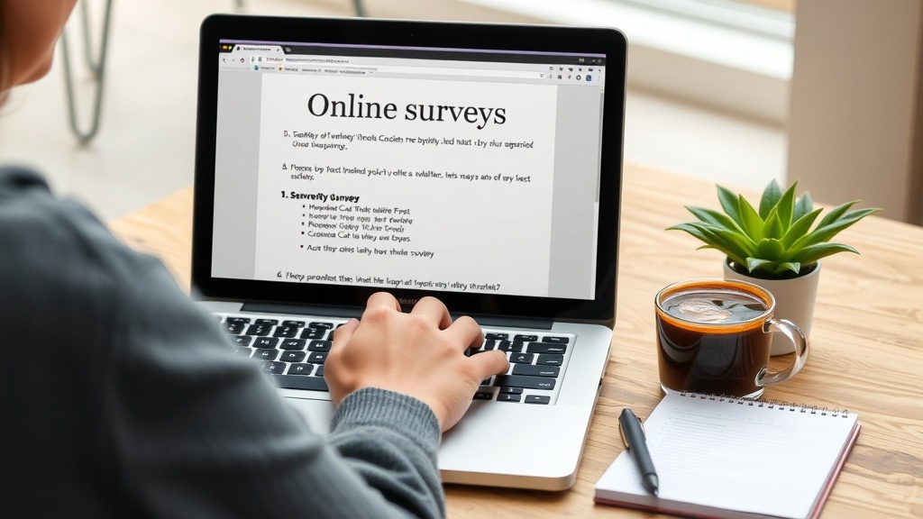 A person filling out an online survey on a laptop with a cup of coffee and a notebook beside them.