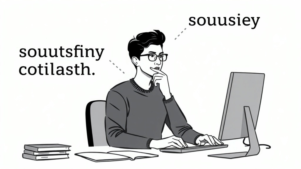 A person thinking while sitting at a desk with a computer, representing online surveys and market research.