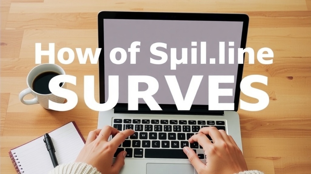 A person typing on a laptop with a cup of coffee and a notebook beside them, representing online surveys.