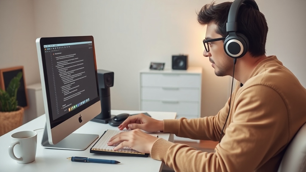 A person working on a computer with headphones, focused on transcription tasks.
