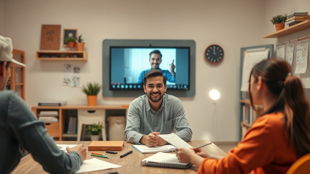 A friendly online tutor engaging with students through a video call.