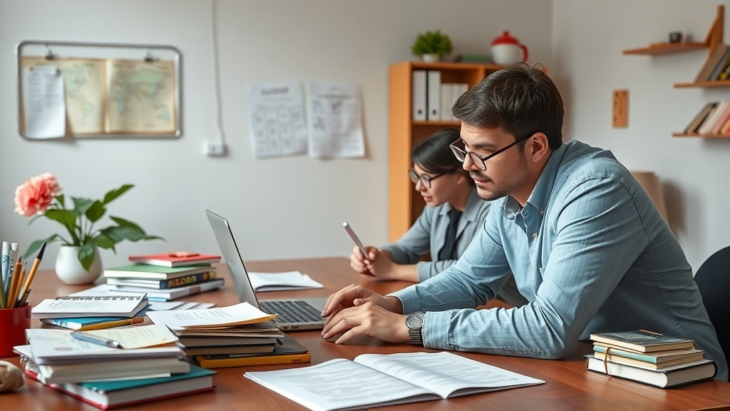 Two individuals working at a desk with books and a laptop, focused on educational tasks.