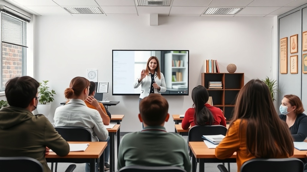 A teacher presenting in a classroom with students seated at desks, engaging in a learning session.