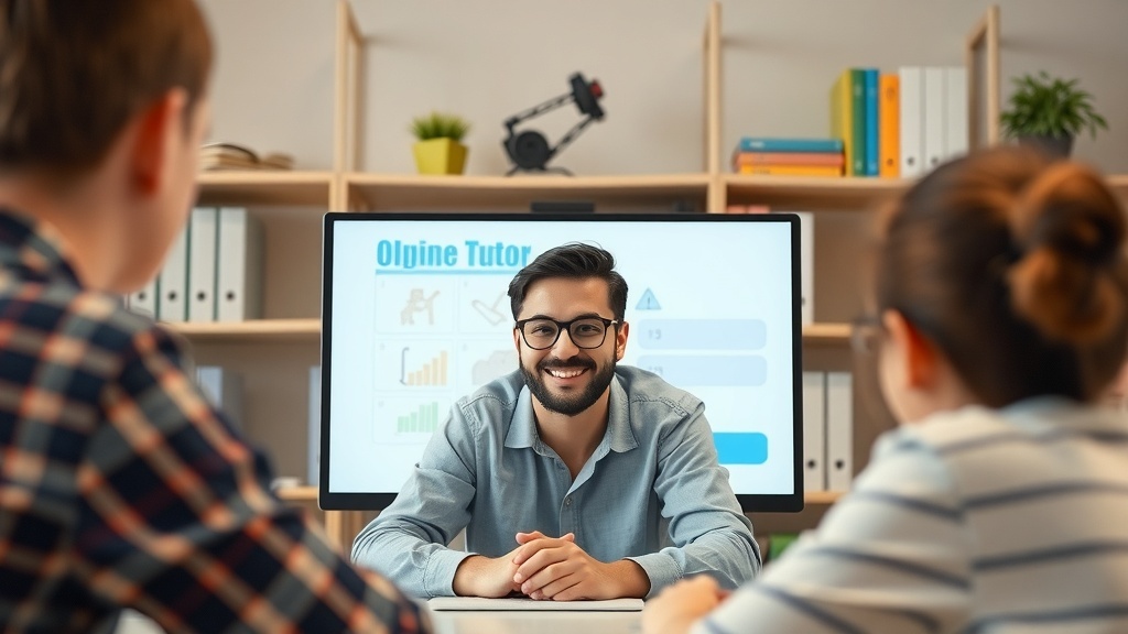 A friendly tutor teaching students online, with a computer screen displaying educational content.