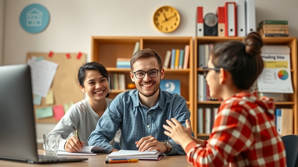 A teacher engaging with two students in an online tutoring session, showcasing a friendly and interactive learning environment.