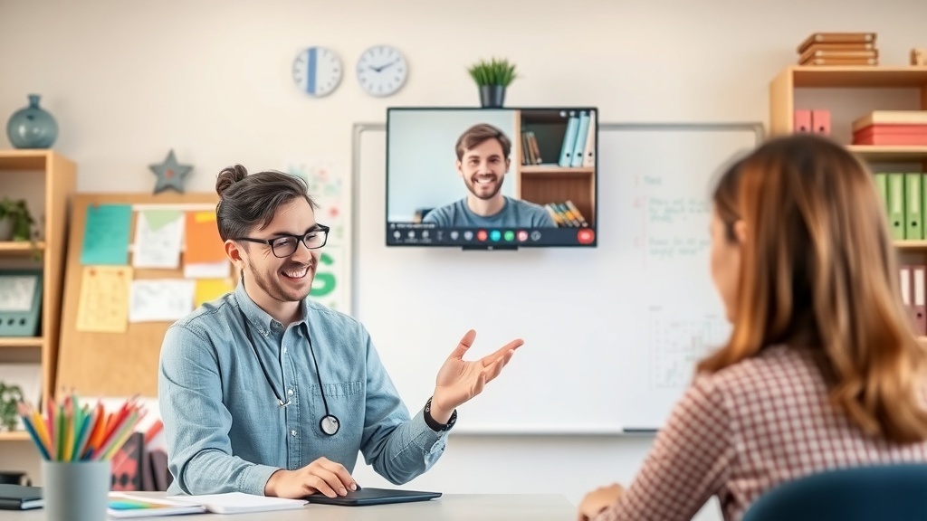 A tutor engaging with a student via video call in a bright, organized classroom.