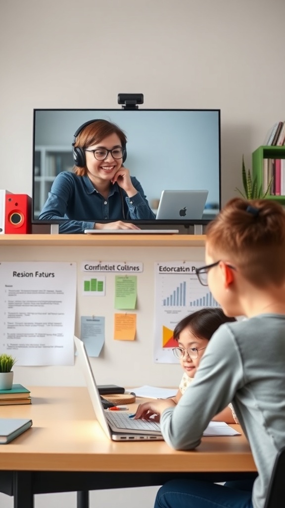 A smiling tutor teaching students online, with educational materials on the wall.