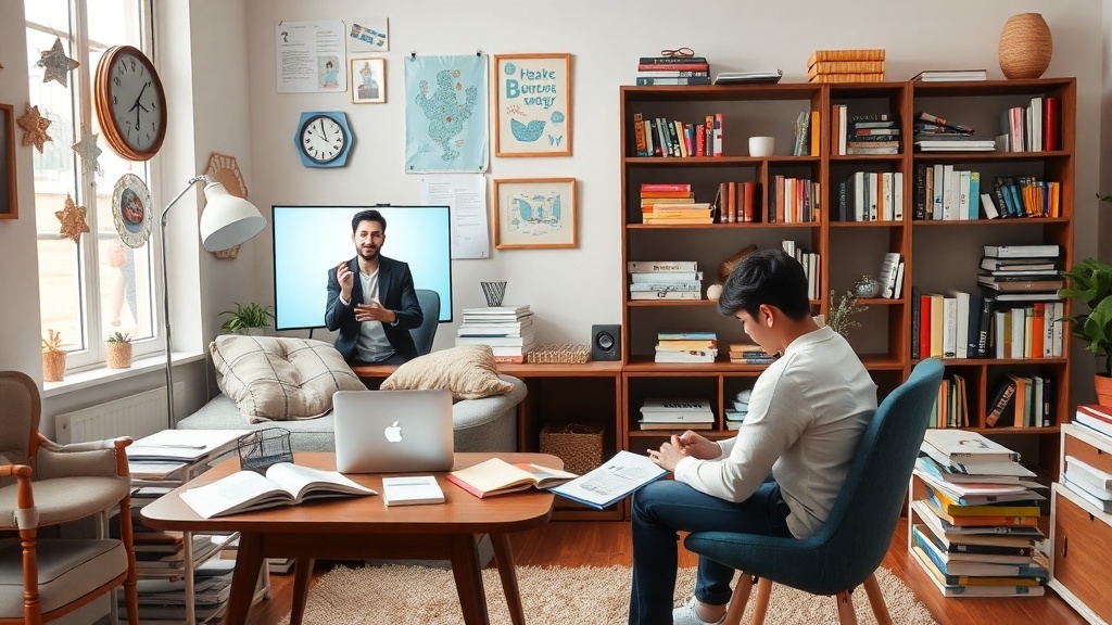 A cozy home office with a tutor conducting an online session, featuring books and educational materials.