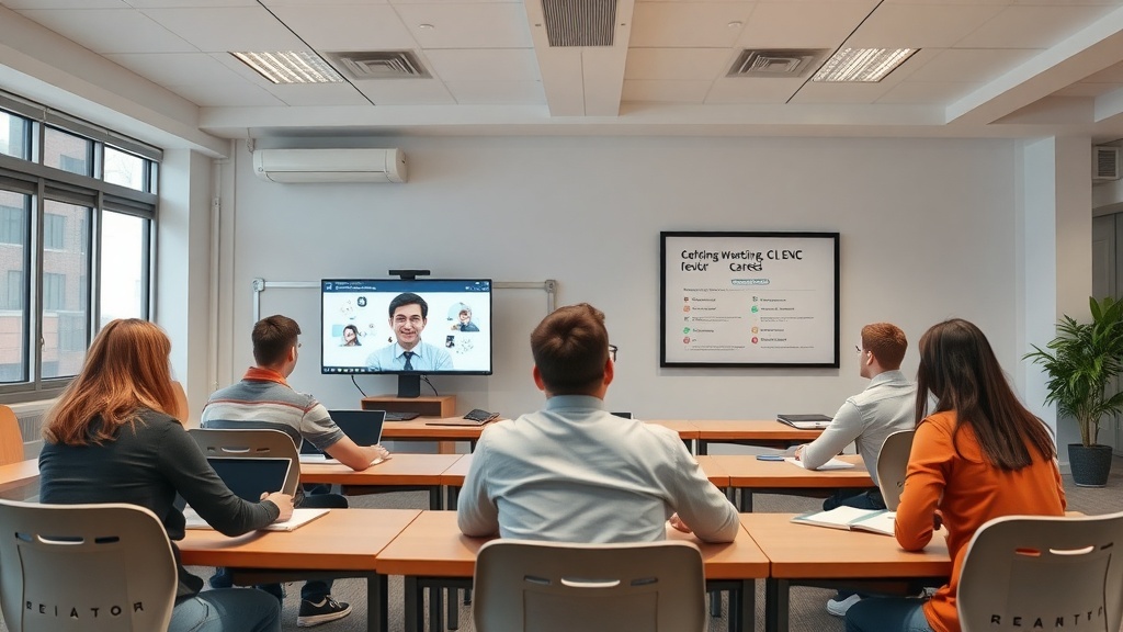 A classroom with students attending an online tutoring session, focusing on a teacher displayed on a screen.