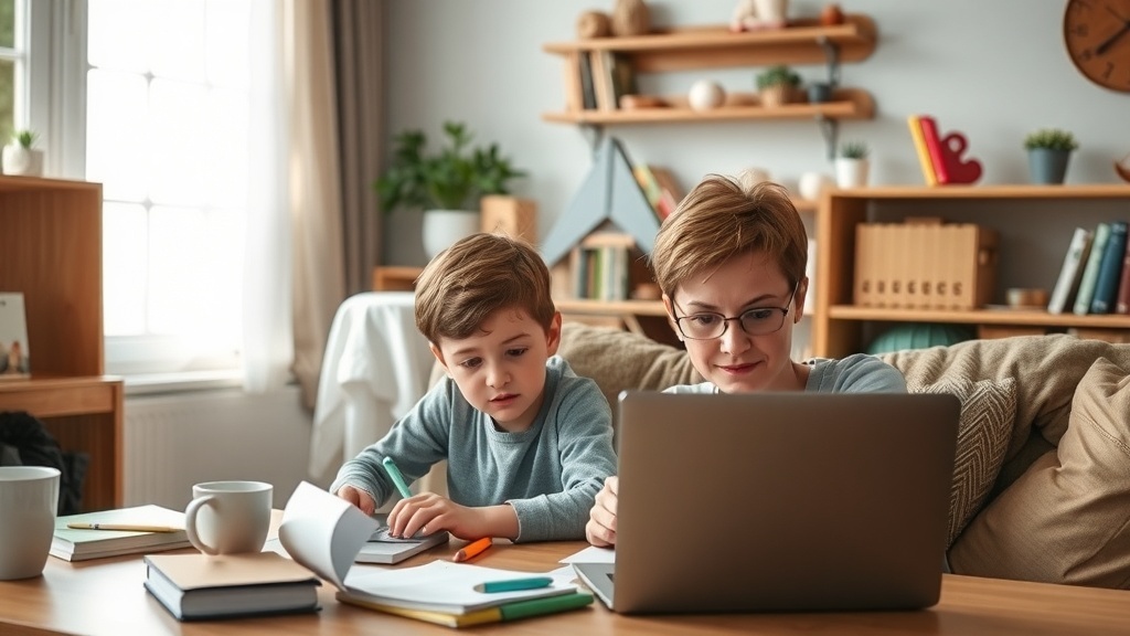 A mom tutoring her child online in a cozy home setting.