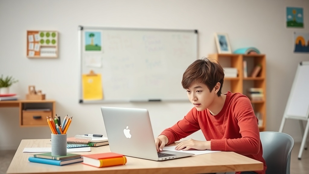 A focused student engaged in online learning with a laptop and stationery.